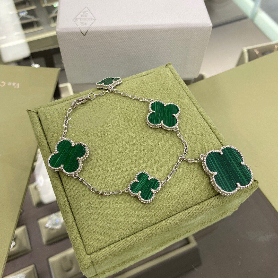 [Love More]CLOVER 5 MOTIFS SIVLER MALACHITE BRACELET