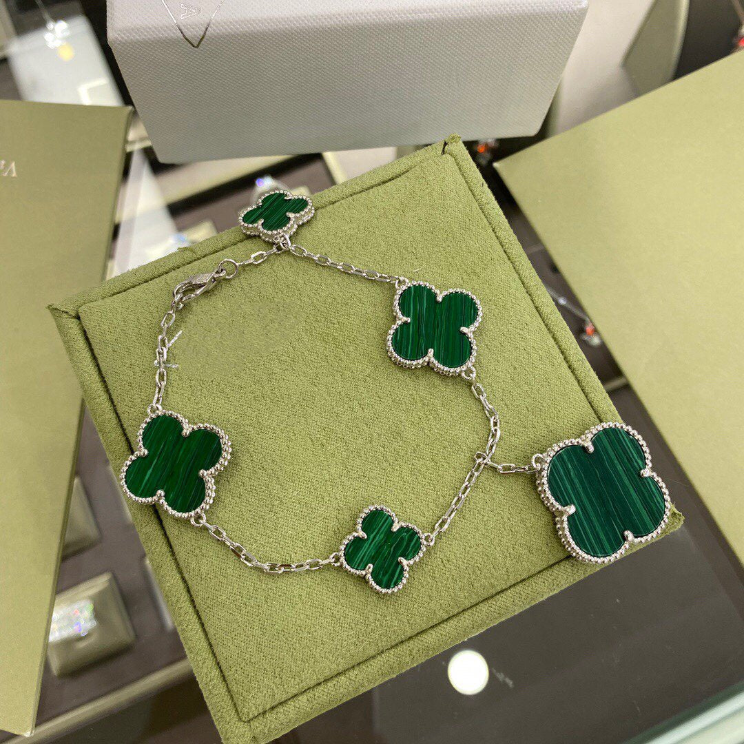 [Love More]CLOVER 5 MOTIFS SIVLER MALACHITE BRACELET