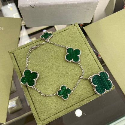 [Love More]CLOVER 5 MOTIFS SIVLER MALACHITE BRACELET