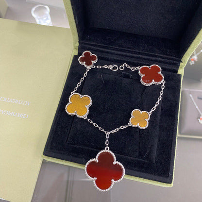 [Love More]CLOVER 5 MOTIFS SIVLER CARNELIAN TIGER EYE BRACELET