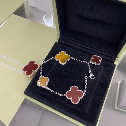 [Love More]CLOVER 5 MOTIFS SIVLER CARNELIAN TIGER EYE BRACELET
